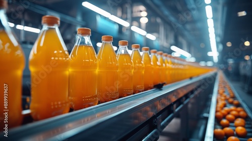 Orange juice bottles on a conveyor belt in a modern factory. Production and logistics concept