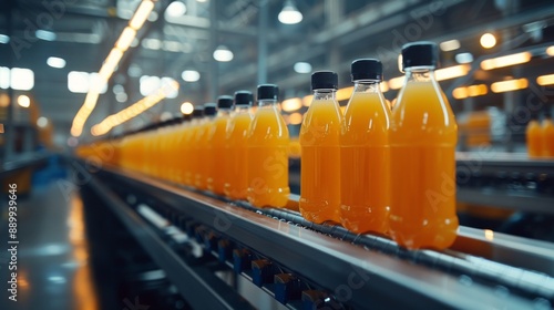 Orange juice bottles on a conveyor belt in a modern factory. Production and logistics concept