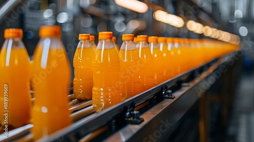 Orange juice bottles on a conveyor belt in a modern factory. Production and logistics concept
