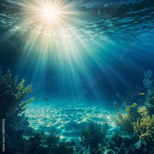 Wallpaper Mural Underwater scene featuring fish swimming among coral reefs with sunlight penetrating the blue water. Torontodigital.ca