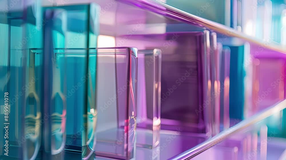 A translucent plastic bookshelf in shades of purple and turquoise adding a whimsical touch to any book collection. A translucent plastic bookshelf in shades of purple and turquoise adding a whimsical touch to any book collection.