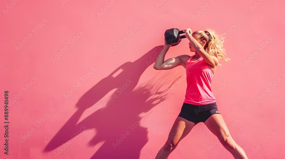 Fototapeta premium Young sport blonde woman over isolated pink background making weightlifting with kettlebell. 