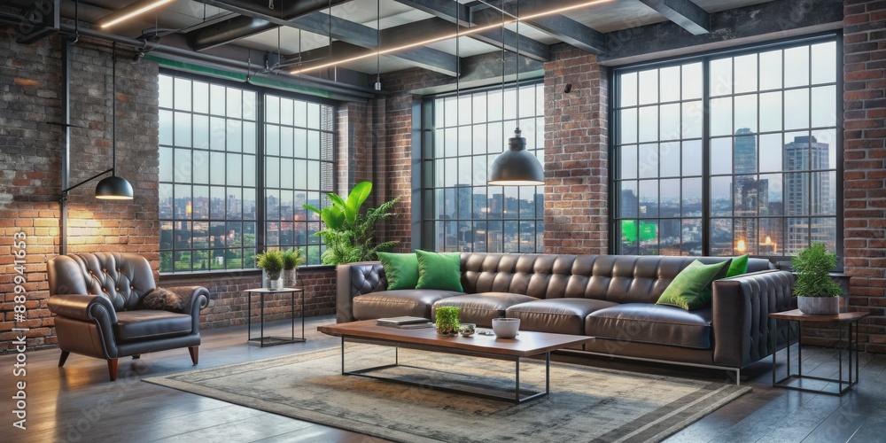 Industrial chic grey and neon-hued living room features exposed brick walls, sleek leather sofa, modern coffee table, and floor-to-ceiling cityscape window views. Industrial chic grey and neon-hued living room features exposed brick walls, sleek leather sofa, modern coffee table, and floor-to-ceiling cityscape window views.