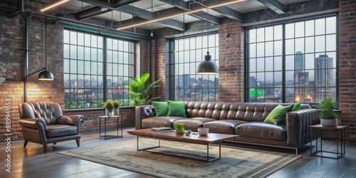 Industrial chic grey and neon-hued living room features exposed brick walls, sleek leather sofa, modern coffee table, and floor-to-ceiling cityscape window views.