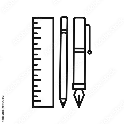 Ruler, pencil and pen icon Black line art vector logo