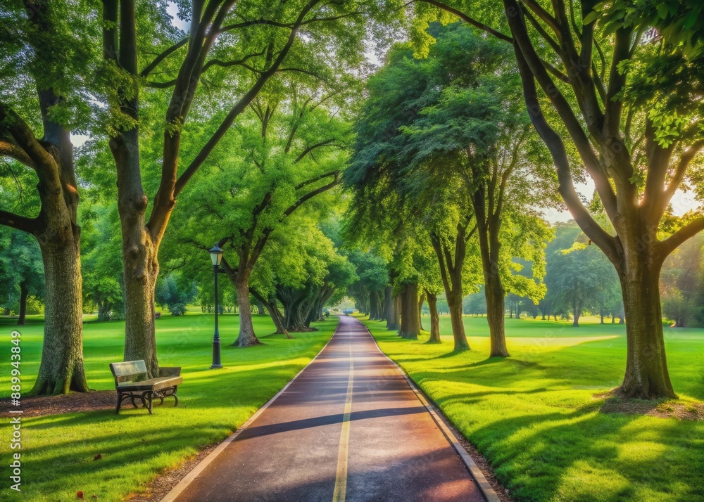 Obraz premium Serene atmosphere in a lush green park with a worn jogging path, leading to a distant trees, evoking a sense of exercise and healthy aging.