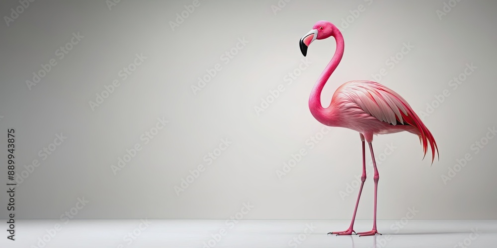 Fototapeta premium A bright pink flamingo stands tall on a simple 3D white background, its long neck and legs in subtle shade, creating a playful and whimsical atmosphere.