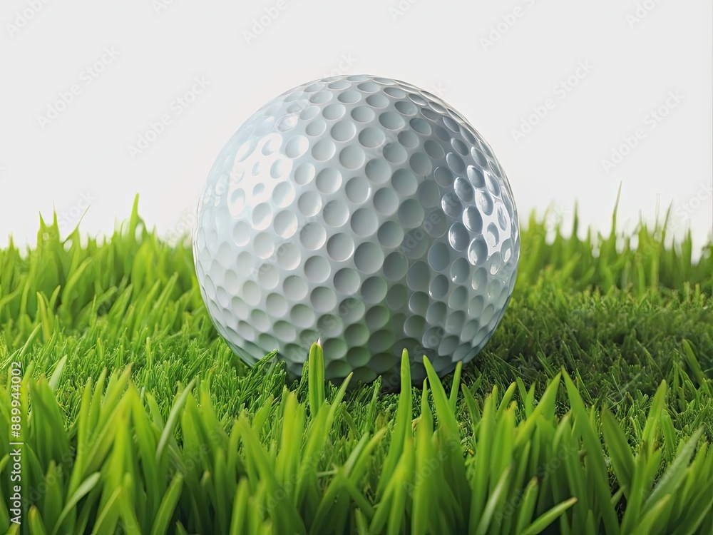 A single golf ball rests on a lush, vibrant green grass field, isolated on a clean white background, emphasizing its bright white dimpled surface. A single golf ball rests on a lush, vibrant green grass field, isolated on a clean white background, emphasizing its bright white dimpled surface.