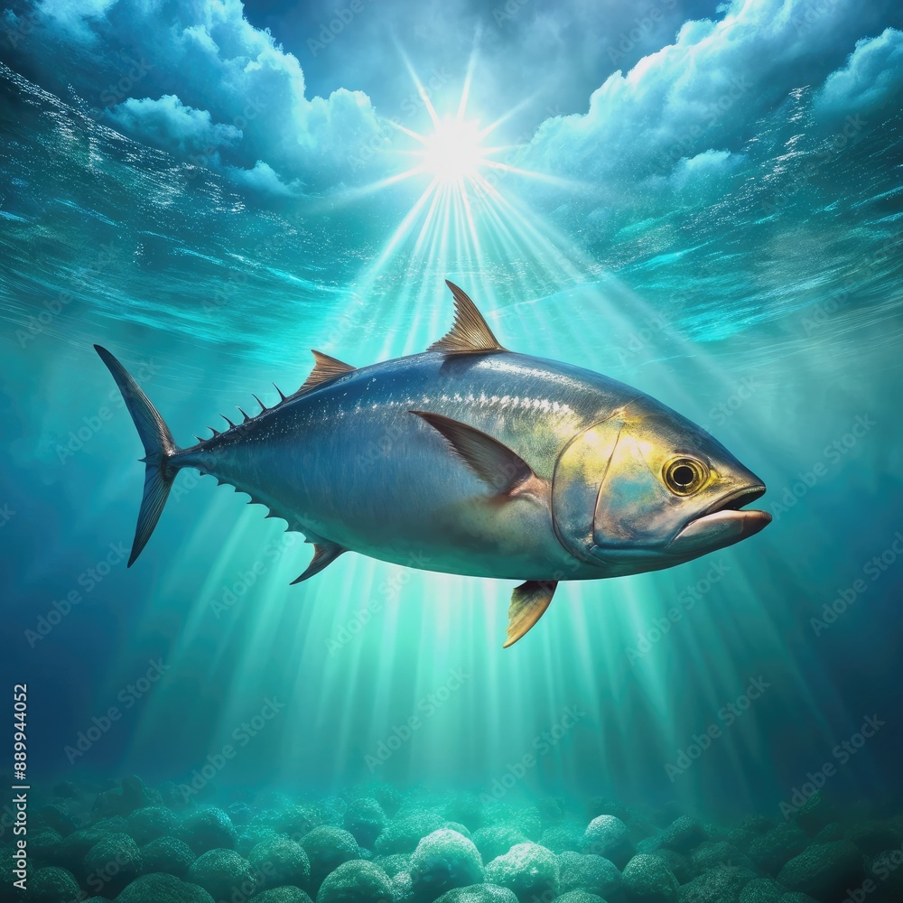 Large tuna fish swims swiftly through turquoise ocean water, its silver scales glistening in sunlight, with shallow focus and ample copy space around it.