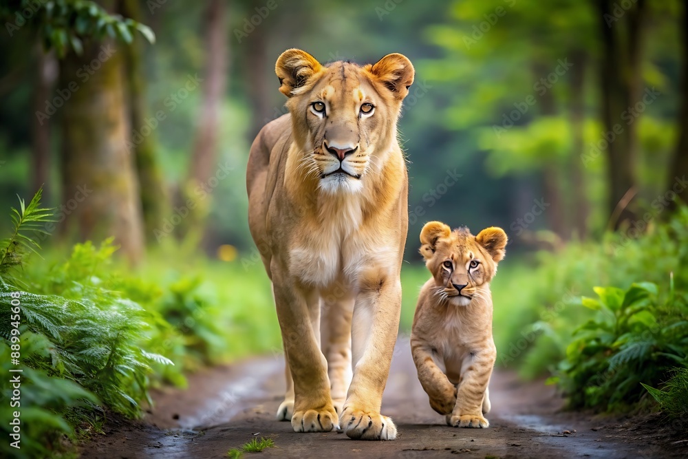 Obraz premium Lioness and Cub Walking Through Forest.