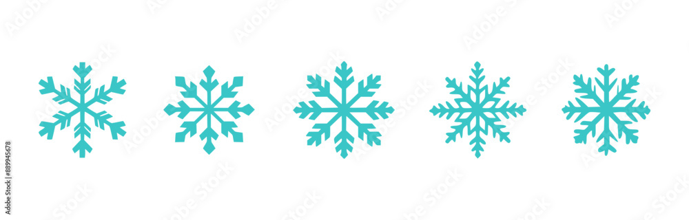 Five snowflakes are arranged on a white background. The snowflakes are teal in color, and they are all of the same size. Five snowflakes are arranged on a white background. The snowflakes are teal in color, and they are all of the same size.