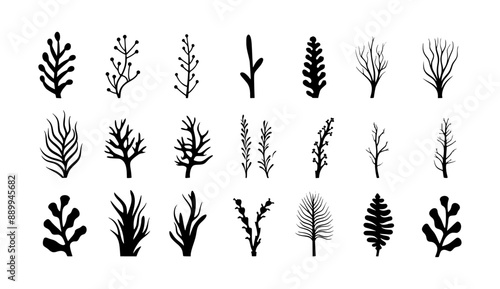 A set of 20 black silhouettes of trees, branches, and shrubs are arranged in rows on a white background.