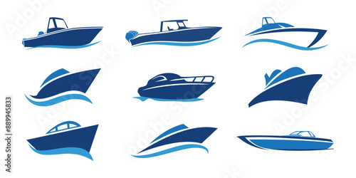 Set of ship boat icon logo cruise water sea travel transportation