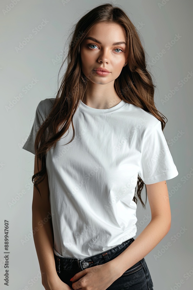 White tshirt mockup on woman model created with Generative AI White tshirt mockup on woman model created with Generative AI