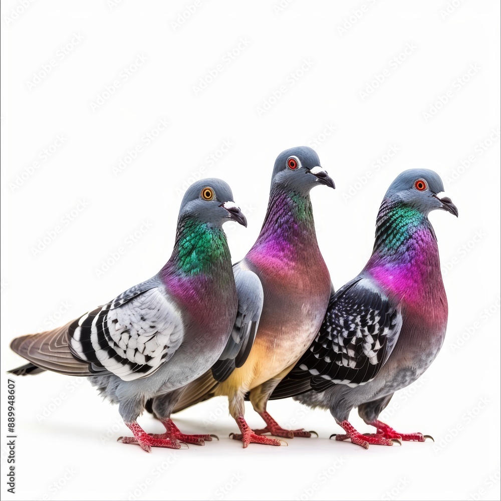 Three Colorful Pigeons with Iridescent Feathers Standing Against a White Background Three Colorful Pigeons with Iridescent Feathers Standing Against a White Background