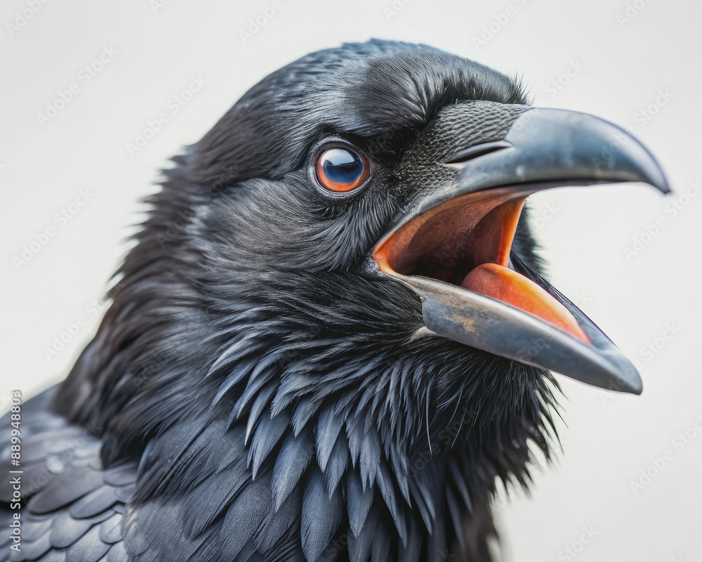Closeup of a black crow's intense screaming face, beak open wide, feathers ruffled, eyes bulging, against a pristine white background, conveying dramatic tension. Closeup of a black crow's intense screaming face, beak open wide, feathers ruffled, eyes bulging, against a pristine white background, conveying dramatic tension.