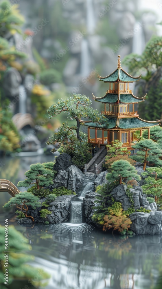 Fototapeta premium Serene Traditional Japanese Pagoda with Waterfalls and Lush Greenery in a Tranquil Landscape