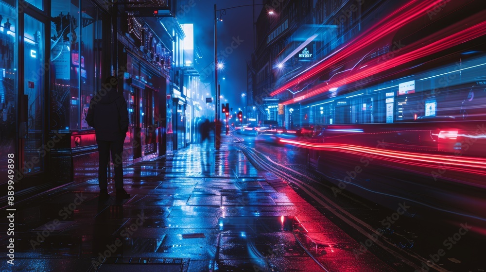 Neon Lights and Motion Blur on a Rainy City Street at Night with Reflections on Wet Pavement Neon Lights and Motion Blur on a Rainy City Street at Night with Reflections on Wet Pavement