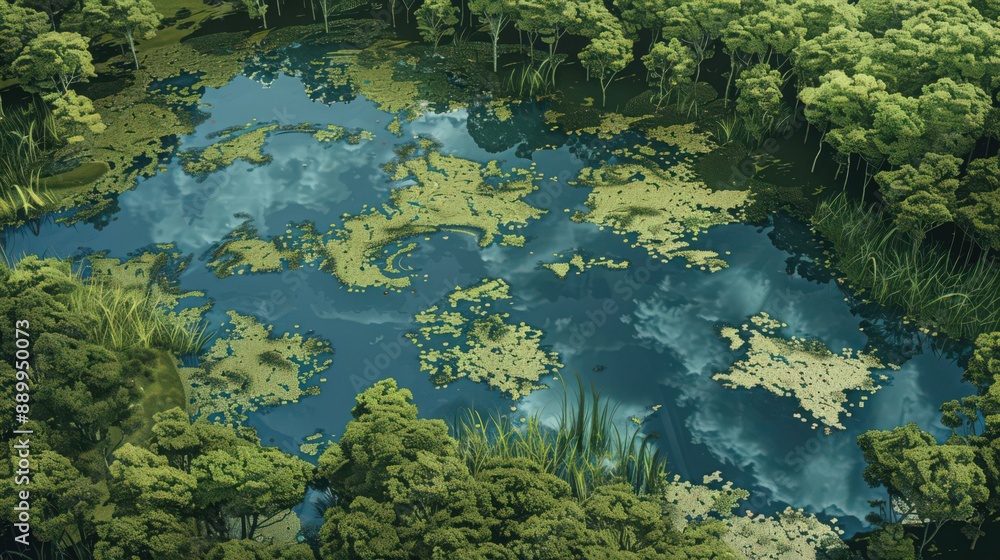 Illustrate an aerial perspective of a wetland ecosystem, with patches of open water reflecting the surrounding vegetation Illustrate an aerial perspective of a wetland ecosystem, with patches of open water reflecting the surrounding vegetation
