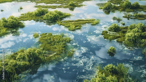 Illustrate an aerial perspective of a wetland ecosystem, with patches of open water reflecting the surrounding vegetation
