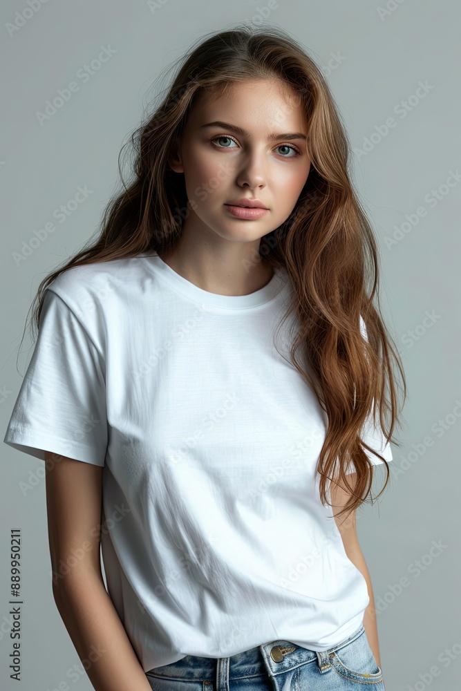 White tshirt mockup on woman model created with Generative AI White tshirt mockup on woman model created with Generative AI