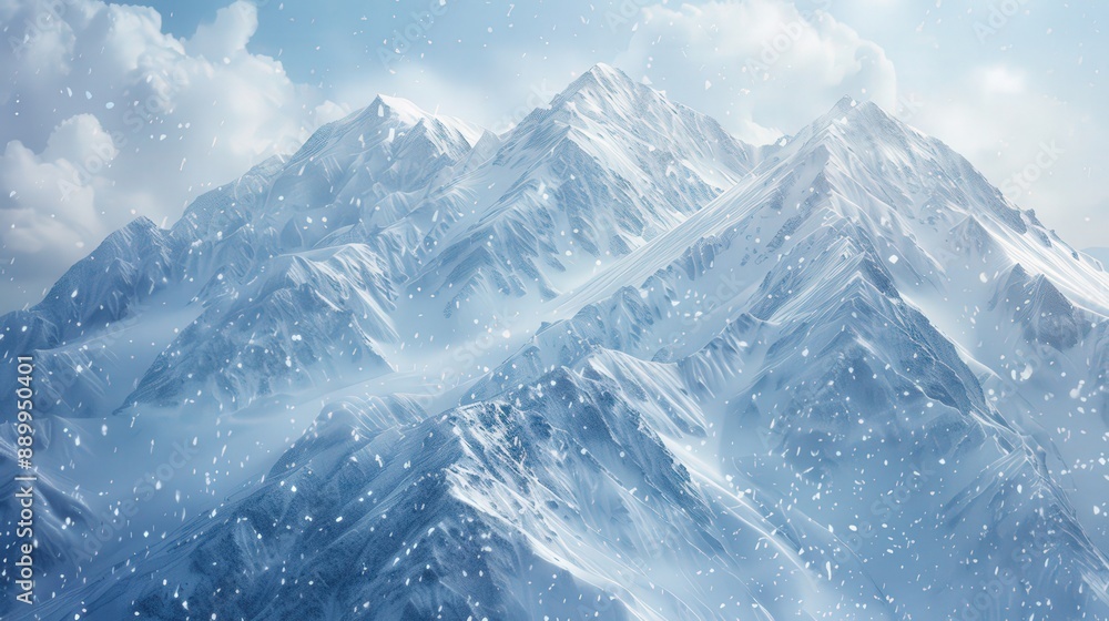Illustrate an aerial perspective of snowfall in the mountains, with fresh powder enhancing the slopes for winter sports enthusiasts Illustrate an aerial perspective of snowfall in the mountains, with fresh powder enhancing the slopes for winter sports enthusiasts