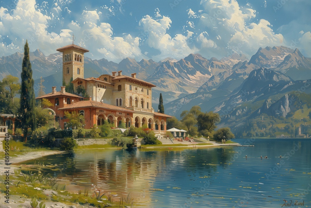 Naklejka premium A Lakeside Italian Villa With Mountain Views on a Sunny Day
