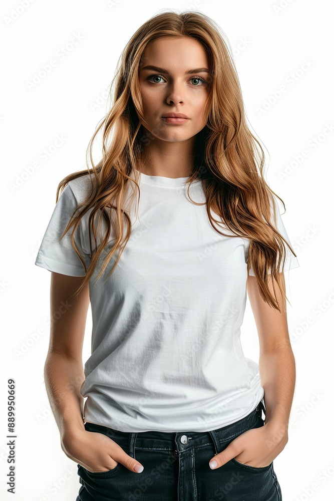 White tshirt mockup on woman model created with Generative AI White tshirt mockup on woman model created with Generative AI