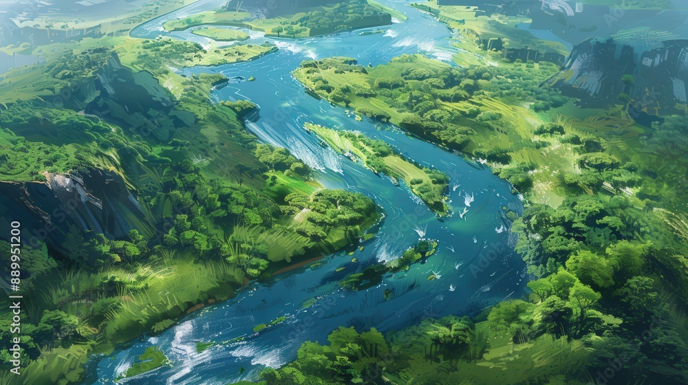 Illustrate an aerial view of a river with lush vegetation along its banks, adding a touch of green to the landscape. Illustrate an aerial view of a river with lush vegetation along its banks, adding a touch of green to the landscape.
