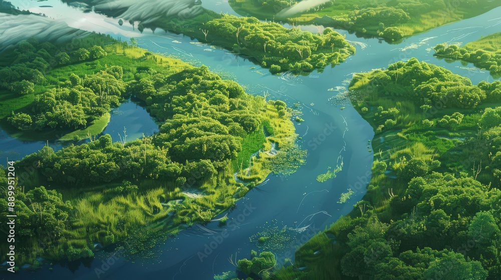 Illustrate an aerial view of a river with lush vegetation along its banks, adding a touch of green to the landscape. Illustrate an aerial view of a river with lush vegetation along its banks, adding a touch of green to the landscape.