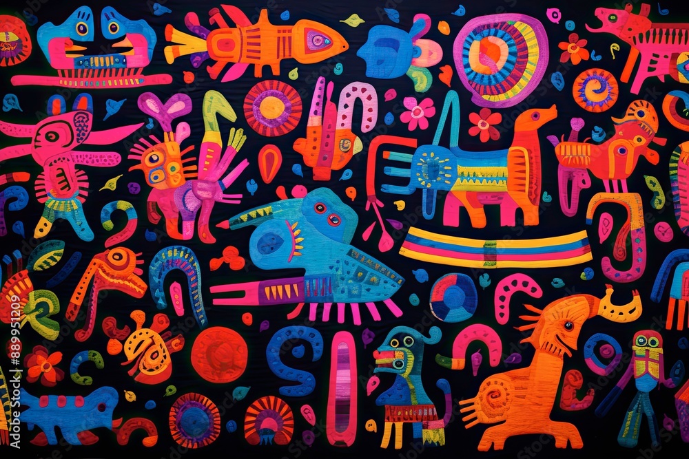 Obraz premium Embroidery Mexican Textile Pattern eith Unique Floral and Animal Motifs. Guna Yala Heritage Unveiled Vibrant Panama Mola Tapestry people of central Mexico