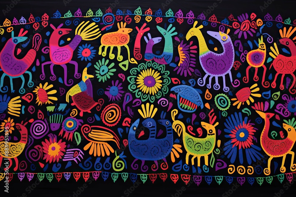 Obraz premium Embroidery Mexican Textile Pattern eith Unique Floral and Animal Motifs. Guna Yala Heritage Unveiled Vibrant Panama Mola Tapestry people of central Mexico