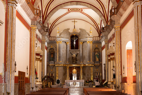 Ajijic, Jalisco, Mexico - December 22, 2023: Morning light streams into the cathedral of the historic center of Ajijic.