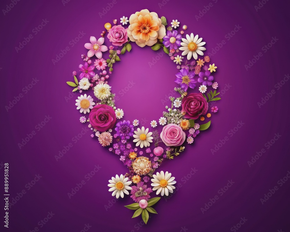Delicate flowers form a powerful feminist symbol on a rich purple background, celebrating women's empowerment, non-violence, and feminine strength on International Women's Day. Delicate flowers form a powerful feminist symbol on a rich purple background, celebrating women's empowerment, non-violence, and feminine strength on International Women's Day.