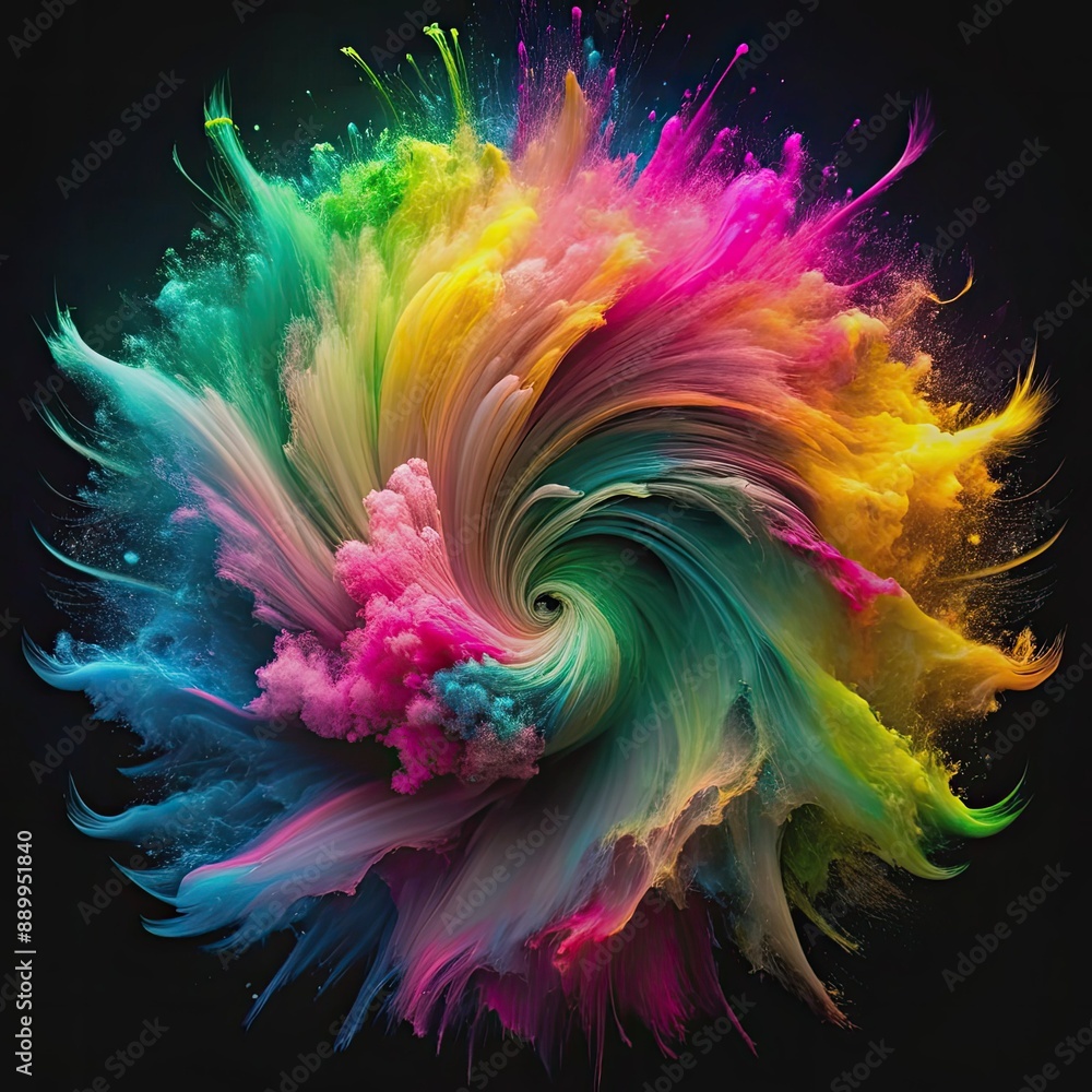 Vibrant colors explode in mid-air, a mesmerizing abstract swirl of pink, green, yellow, and blue powders, frozen in dynamic motion on a dark black background. Vibrant colors explode in mid-air, a mesmerizing abstract swirl of pink, green, yellow, and blue powders, frozen in dynamic motion on a dark black background.