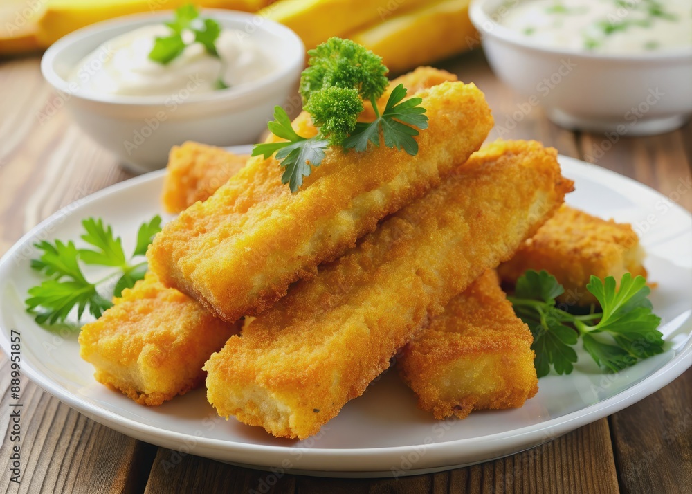Golden, crispy fish fingers are perfectly cooked, mouthwatering, and succulent, sitting on a white plate, garnished with fresh parsley and a side of tangy dipping sauce. Golden, crispy fish fingers are perfectly cooked, mouthwatering, and succulent, sitting on a white plate, garnished with fresh parsley and a side of tangy dipping sauce.