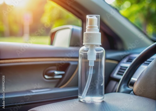 A travelsafe accessory, a clear plastic bottle of antibacterial spray sits on the car's center console, ready for convenient germ-killing on the go. photo