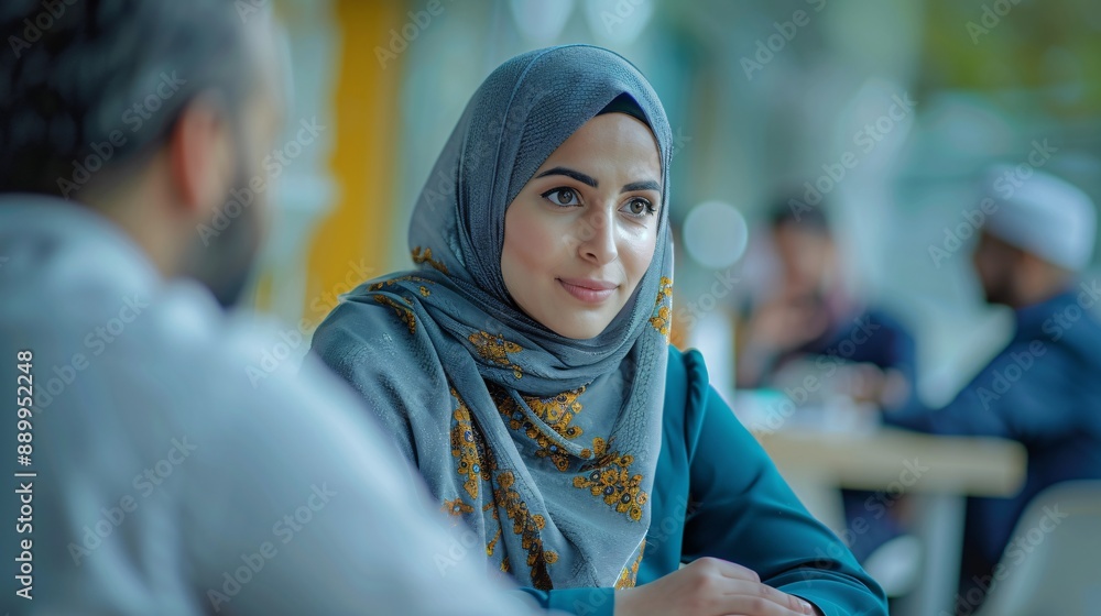 A woman wearing a blue hijab sits at a table with a man out of focus in the foreground A woman wearing a blue hijab sits at a table with a man out of focus in the foreground