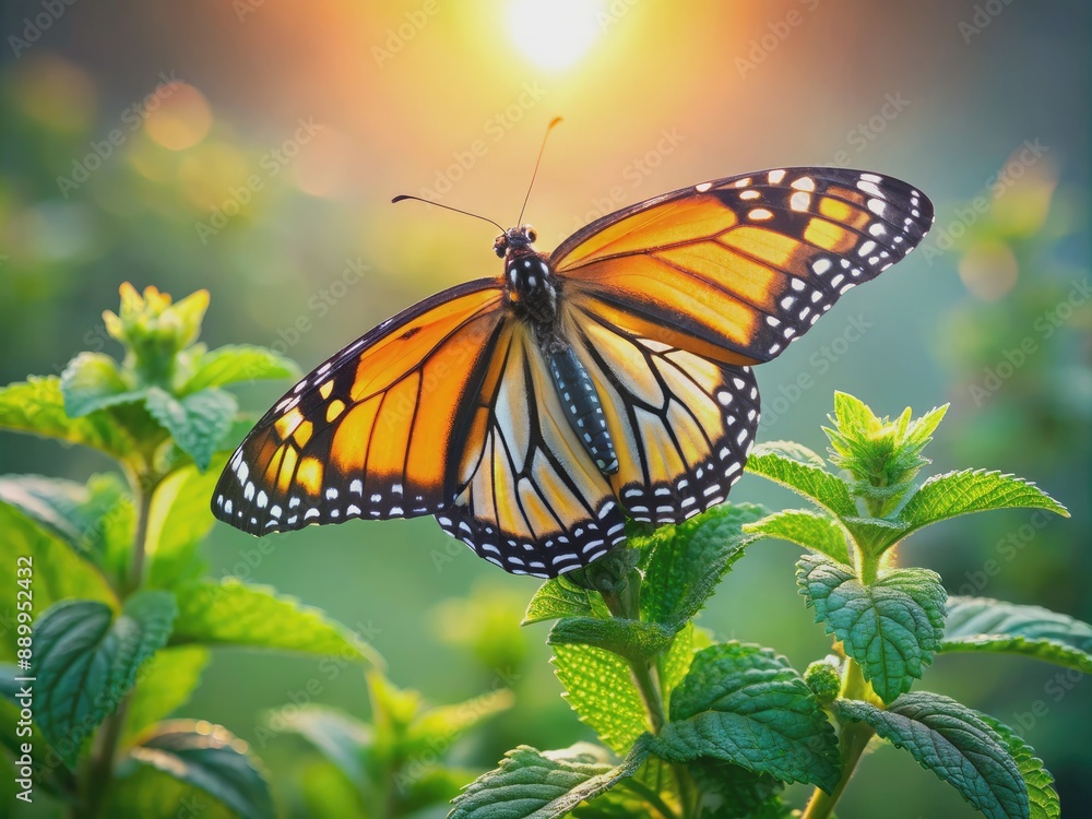 Magnificent macro shot of a majestic monarch butterfly perched on a delicate mint green leaf, surrounded by morning mist, with warm morning sunlight. Magnificent macro shot of a majestic monarch butterfly perched on a delicate mint green leaf, surrounded by morning mist, with warm morning sunlight.