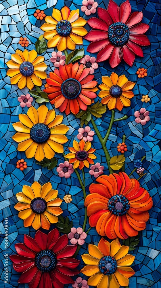 Vibrant Mosaic Art of Colorful Flowers with Blue Background, Featuring Red, Yellow, and Orange Blooms Vibrant Mosaic Art of Colorful Flowers with Blue Background, Featuring Red, Yellow, and Orange Blooms