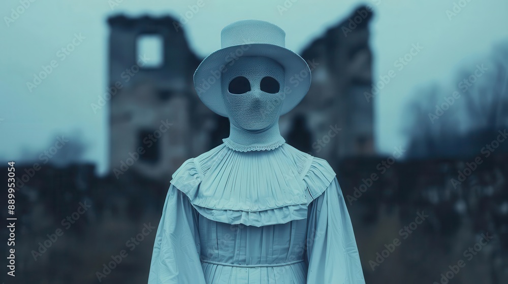Eerie figure in an old-fashioned white dress, mask, and hat standing in front of a dilapidated building for a haunting atmosphere.