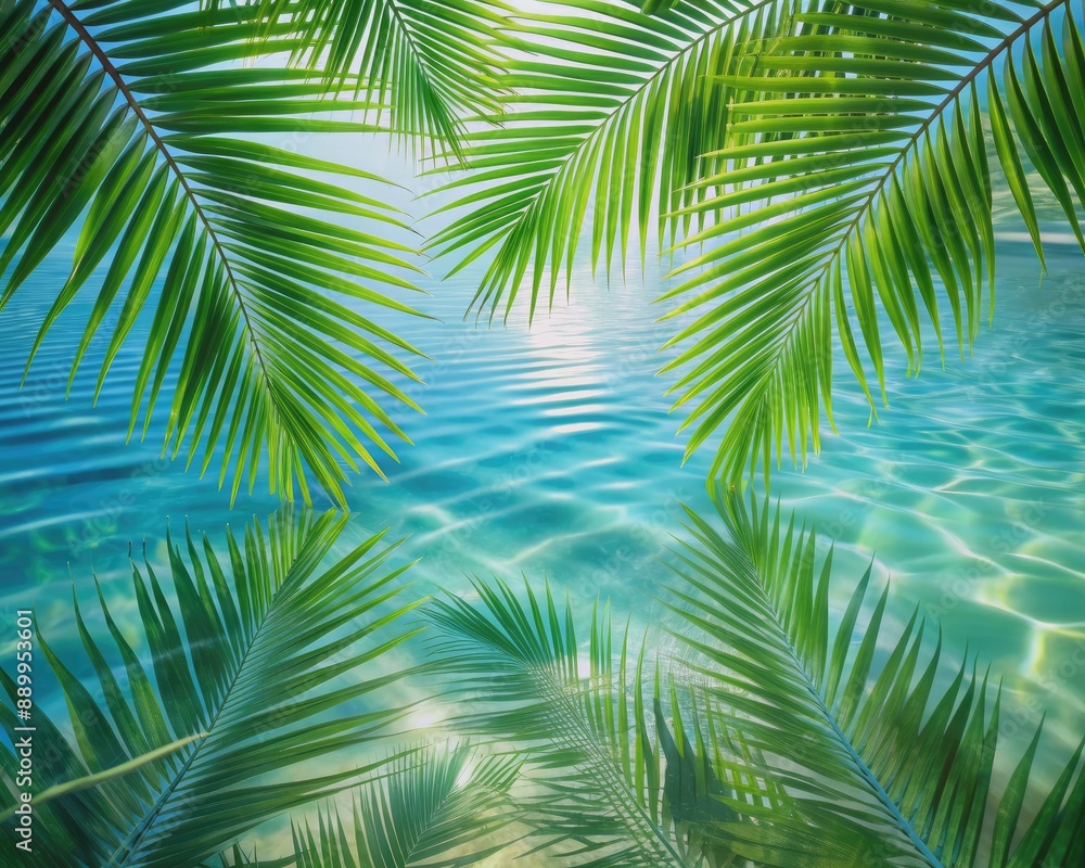 Fototapeta premium Tropical leaf shadows reflect on calm water surface, creating a stunning abstract background for summer vacation or beach-themed designs and banners.