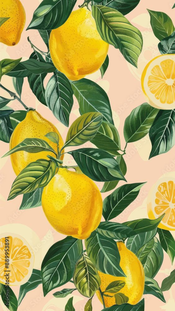 Vibrant lemons with lush leaves Vibrant lemons with lush leaves