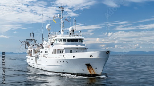 Photograph a marine research vessel with modular laboratories and state-of-the-art equipment for studying marine biology and oceanography.