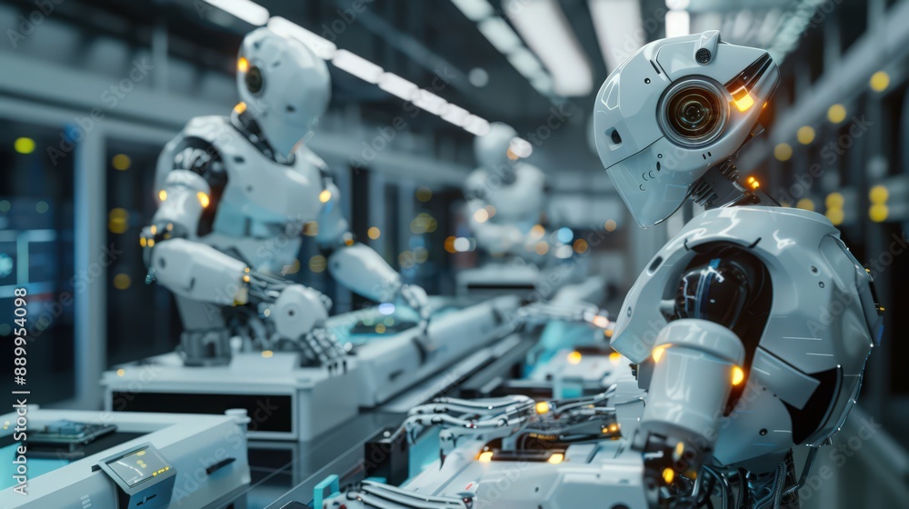 Photograph a production line where robots are assembling and testing high-tech gadgets, showcasing the advanced capabilities of modern manufacturing robots. Photograph a production line where robots are assembling and testing high-tech gadgets, showcasing the advanced capabilities of modern manufacturing robots.