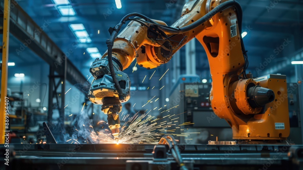 Photograph a robot operating in a metal foundry, casting and molding metal parts with high precision and consistency Photograph a robot operating in a metal foundry, casting and molding metal parts with high precision and consistency