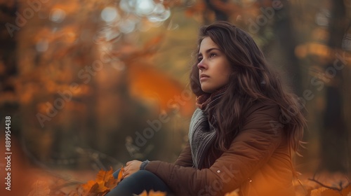 Young woman during break in autumn forest. 