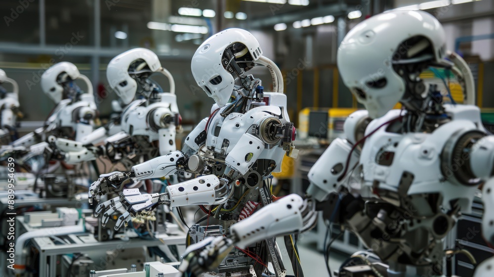 Photograph a robotics manufacturing plant where robots are building other robots, illustrating the self-sustaining nature of advanced automation. Photograph a robotics manufacturing plant where robots are building other robots, illustrating the self-sustaining nature of advanced automation.