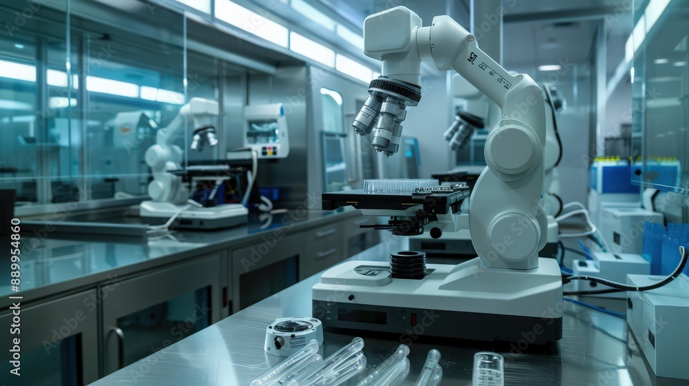 Photograph an advanced biotech lab where robots are conducting high-precision experiments and genetic engineering, pushing the boundaries of scientific discovery. Photograph an advanced biotech lab where robots are conducting high-precision experiments and genetic engineering, pushing the boundaries of scientific discovery.