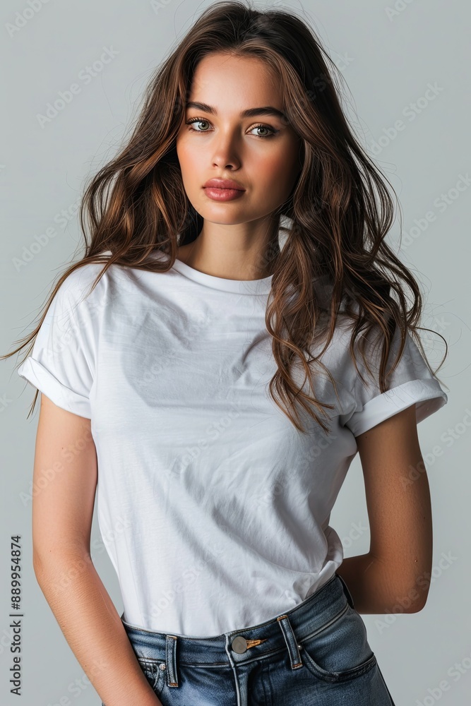 White tshirt mockup on woman model created with Generative AI White tshirt mockup on woman model created with Generative AI